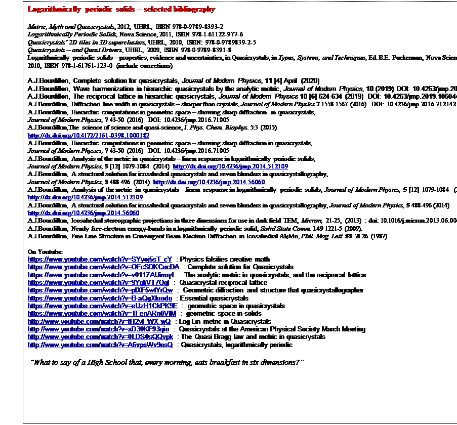 Text Box: Logarithmically periodic solids  selected bibliography

Metric, Myth and Quasicrystals, 2012, UHRL, ISBN 978-0-9789-8393-2
Logarithmically Periodic Solids, Nova Science, 2011, ISBN 978-1-61122-977-6
Quasicrystals 2D tiles in 3D superclusters, UHRL, 2010, ISBN: 978-0-9789839-2-5
Quasicrystals  and Quasi Drivers, UHRL, 2009, ISBN 978-0-9789-8391-8
Logarithmically periodic solids  properties, evidence and uncertainties, in Quasicrystals, in Types, Systems, and Techniques, Ed. B.E. Puckerman, Nova Science, 2010, ISBN 978-1-61761-123-0 (include corrections)

A.J.Bourdillon, Complete solution for quasicrystals, Journal of Modern Physics, 11 [4] April  (2020)
A.J.Bourdillon, Wave harmonization in hierarchic quasicrystals by the analytic metric, Journal of Modern Physics, 10 (2019) DOI: 10.4263/jmp.2019. 
A.J.Bourdillon, The reciprocal lattice in hierarchic quasicrystals, Journal of Modern Physics 10 [6] 624-634 (2019) 	DOI: 10.4263/jmp.2019.106044
A.J.Bourdillon, Diffraction line width in quasicrystals  sharper than crystals, Journal of Modern Physics 7 1558-1567 (2016)  DOI: 10.4236/jmp.2016.712142
A.J.Bourdillon, Hierarchic computations in geometric space  showing sharp diffraction 	in quasicrystals, 
Journal of Modern Physics, 7 43-50 (2016)  DOI: 10.4236/jmp.2016.71005
A.J.Bourdillon,The science of science and quasi-science, J. Phys. Chem. Biophys. 5:3 (2015) 
http://dx.doi.org/10.4172/2161-0398.1000182
A.J.Bourdillon, Hierarchic computations in geometric space  showing sharp diffraction in quasicrystals, 
Journal of Modern Physics, 7 43-50 (2016)  DOI: 10.4236/jmp.2016.71005
A.J.Bourdillon, Analysis of the metric in quasicrystals  linear response in logarithmically periodic solids, 
Journal of Modern Physics, 5 [12] 1079-1084 (2014) http://dx.doi.org/10.4236/jmp.2014.512109
A.J.Bourdillon, A structural solution for icosahedral quasicrystals and seven blunders in quasicrystallography,
Journal of Modern Physics, 5 488-496 (2014) http://dx.doi.org/10.4236/jmp.2014.56060 
A.J.Bourdillon, Analysis of the metric in quasicrystals  linear response in logarithmically periodic solids, Journal of Modern Physics, 5 [12] 1079-1084 (2014) http://dx.doi.org/10.4236/jmp.2014.512109
A.J.Bourdillon, A structural solution for icosahedral quasicrystals and seven blunders in quasicrystallography, Journal of Modern Physics, 5 488-496 (2014)  http://dx.doi.org/10.4236/jmp.2014.56060   
A.J.Bourdillon, Icosahedral stereographic projections in three dimensions for use in dark field TEM, Micron,  21-25, (2013) : doi: 10.1016/j.micron.2013.06.004
A.J.Bourdillon, Nearly free-electron energy-bands in a logarithmically periodic solid, Solid State Comm. 149 1221-5 (2009).
A.J.Bourdillon, Fine Line Structure in Convergent Beam Electron Diffraction in Icosahedral Al6Mn, Phil. Mag. Lett. 55  2l-26 (1987)

On Youtube: 
https://www.youtube.com/watch?v=SYyoj5sT_cY : Physics falsifies creative math
https://www.youtube.com/watch?v=OFcSDKCecDA : Complete solution for Quasicrystals
https://www.youtube.com/watch?v=v011ZAUimq4 :  The analytic metric in quasicrystals, and the reciprocal lattice 
https://www.youtube.com/watch?v=9YgljVT7Oql :  Quasicrystal reciprocal lattice
https://www.youtube.com/watch?v=plXF5wfYrQw :  Geometric diffraction and structure that quasicrystallographer
https://www.youtube.com/watch?v=B-aQgXluodo : Essential quasicrystals
https://www.youtube.com/watch?v=eUzH1CkPK9E :  geometric space in quasicrystals
https://www.youtube.com/watch?v=TFenARn0VfM :  geometric space in solids
http://www.youtube.com/watch?v=fH2vI_WX-wQ : Log-Lin metric in Quasicrystals
http://www.youtube.com/watch?v=xD30KF93qio :  Quasicrystals at the American Physical Society March Meeting
http://www.youtube.com/watch?v=0LDS0sQQvpk : The Quasi Bragg law and metric in quasicrystals 
http://www.youtube.com/watch?v=A6vpsWv9nsQ : Quasicrystals, logarithmically periodic

 What to say of a High School that, every morning, eats breakfast in six dimensions?

